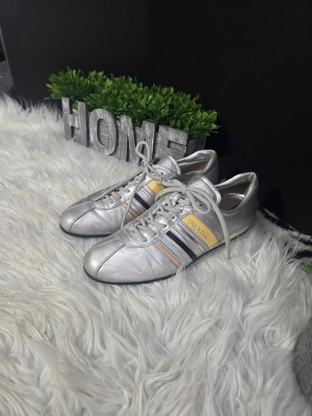 VTG Prada America Cup Silver Metallic Leather Lace-Up Sneakers  In Size 8.5